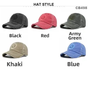 Detail view of vintage washed NY baseball caps in five colors with distressed torn effects