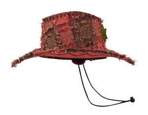 Detail of red and brown vintage cowboy hat featuring raw edges and gold star badge