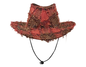 Detail of red patchwork cowboy hat showing distressed edges and black adjustable chin strap