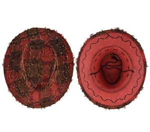 Detail of red plaid cowboy hat with frayed edges and interior lining with adjustable chin cord