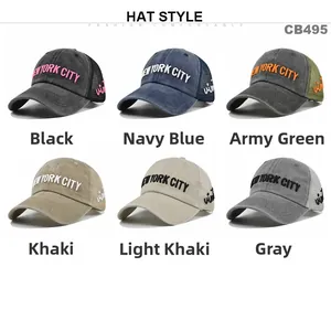 Detail showing vintage New York embroidery on multi-color mesh back baseball caps
