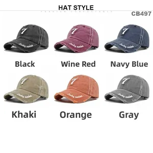 Detail showing vintage washed canvas baseball caps in six colors with number 7 embroidery