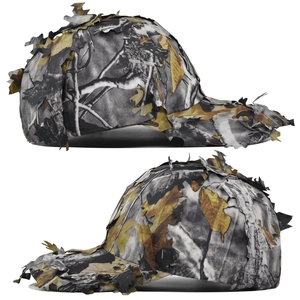 Detail der 3D-Blatt-Camouflage-Taktikkappe mit realistischen Waldmustern und Texturen