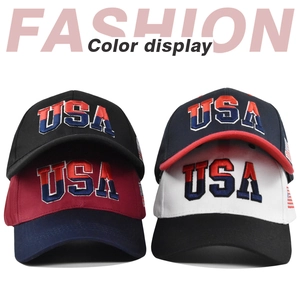 Detail of 3D embroidered USA letters and American flag patch on curved brim baseball caps