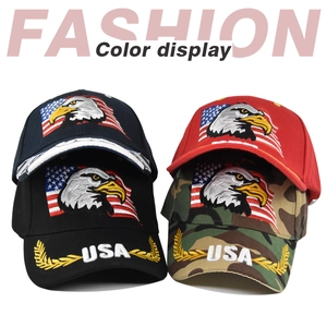 Detail view of cotton baseball caps with USA embroidery in four different colorways