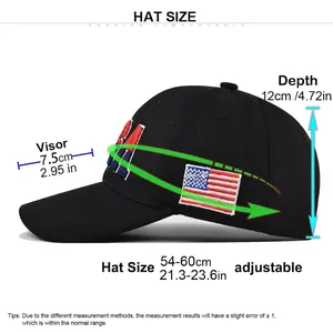 Size chart for black USA embroidered baseball cap with adjustable strap and measurements