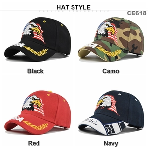 Detailed close-up of USA eagle embroidery on baseball caps in four classic colors