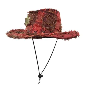 Western Cowboy Hat For Men Women Distressed Plaid Jazz Hat With Sheriff Badge Adjustable Wide Brim Outdoor Sun Hat