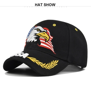 Detailed embroidery of an eagle and American flag on a black cotton baseball cap