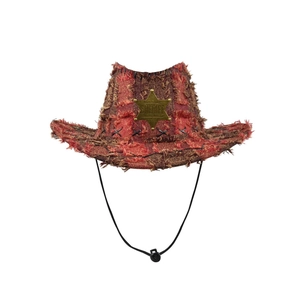 Vintage red plaid western cowboy sheriff hat with distressed brim and windproof rope