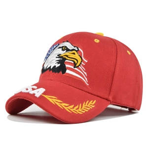 Detailed close-up of eagle embroidery and USA lettering on red cotton baseball cap