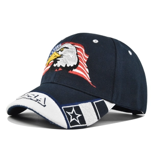 Close-up of 3D eagle and American flag embroidery on dark blue cotton baseball cap