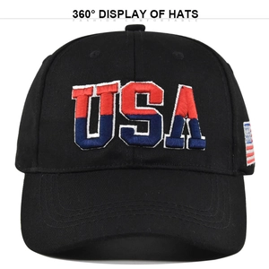 Close-up of 3D USA embroidery and American flag patch on a black baseball cap