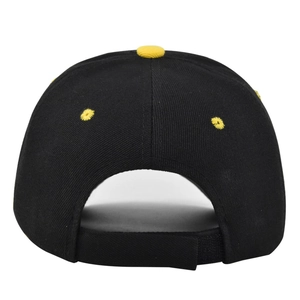 Detail of baseball cap back with yellow contrast stitching and adjustable velcro strap