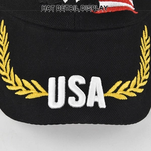 Black baseball cap with 3D white USA embroidery and yellow laurel leaf accents
