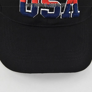 Detail view of the USA 3D embroidery and reinforced stitching on the black baseball cap