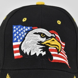 Black cotton baseball cap featuring detailed USA eagle embroidery and a yellow top button