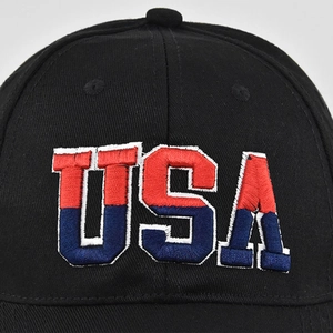 Black cotton baseball cap with 3D red, white, and blue USA embroidery in vintage style