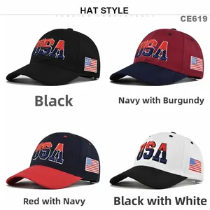 Detail view of USA 3D embroidered baseball caps in four colors including navy and black