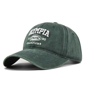 Vintage dunkelgrüne gewaschene Baumwolle Baseballkappe mit weißer 3D OLYMPIA Bestickung