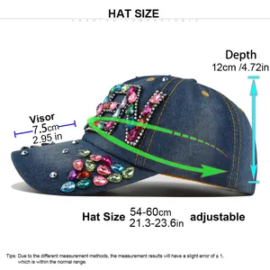 Size chart for blue denim rhinestone baseball cap with adjustable strap and measurements