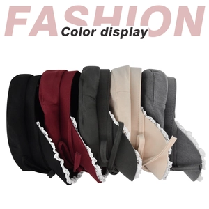 Flat top navy hats in multiple colors featuring delicate lace edges and stylish side ribbons