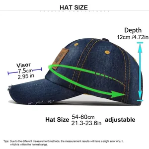 Vintage distressed denim baseball cap size chart showing adjustable strap measurements
