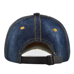 Navy denim baseball cap back view with yellow contrast stitching and adjustable strap