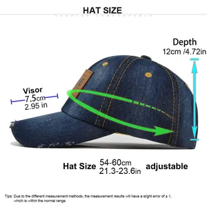 Size chart showing adjustable 54-60cm circumference for this distressed denim baseball cap