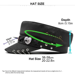 Faux leather heart military cap with rings and size chart for punk fashion lovers