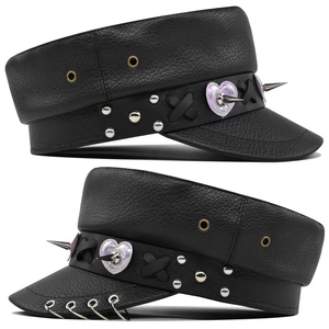 Punk black PU leather flat top army hat with heart studs and metal ring details