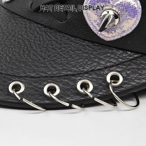 Black PU leather octagonal cap with silver metal rings and spiked rivet detail