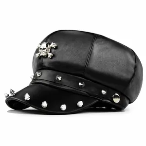 Punk Rock Militärmütze Damen Herren Schwarz PU Leder Schlägermütze Mit Silbernem Totenkopf Abzeichen Und Nieten Gothik Octagonal Cap