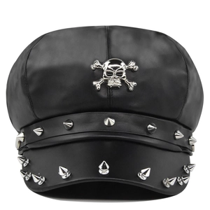 Punk-Stil schwarze PU-Leder Schirmmütze mit silbernem Totenkopf-Emblem und Metallnieten