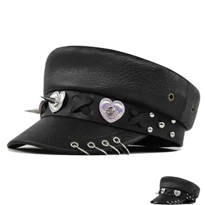 Punk PU Leather Navy Hat Women Heart Sequin Patch Metal Spikes Rings Harajuku Gothic Flat Top Captain Hat Accessory