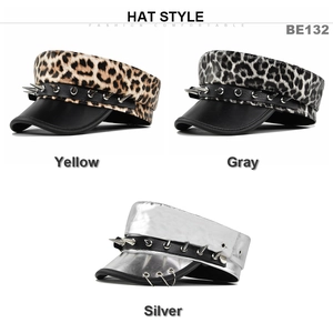 Leopard print and silver beret hats with punk rivets and leather straps for fashion