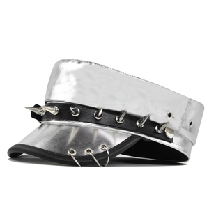 Silver punk military cap with metal spikes, studs and leather decorative strap