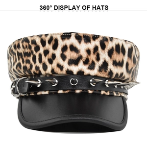Punk Leopard Print Military Hat PU Leather Rivet Decorative Army Cap Newsboy Flat Top Cap Performance Streetwear Hat