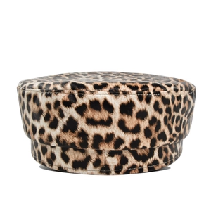 Detailed close-up of leopard print flat cap with high-quality stitching and texture