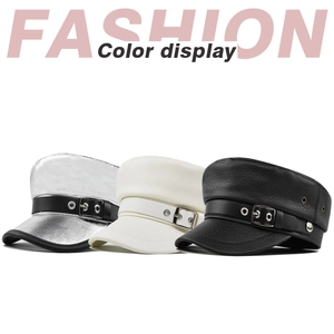 Detailed view of PU leather navy caps in silver, white, and black with metallic buckles