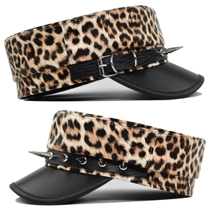 Detail of leopard print army cap featuring punk silver studs and black leather strap