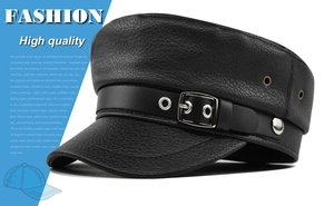 Detail of black leather nautical hat featuring metal buckles and textured synthetic skin