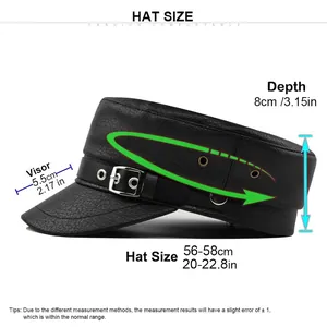 Black PU leather flat top navy cap with size chart and buckle strap detail