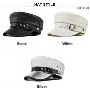 Detailed comparison of PU leather sailor caps in black, white, and silver with metal buckles