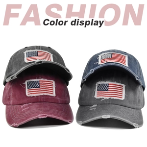 Detail of distressed ponytail baseball caps with American flag embroidery in four colors