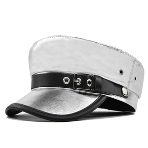 Detail of silver metallic flat top military cap with black faux leather strap and buckle
