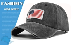 Detail of distressed charcoal cotton ponytail cap with American flag embroidery