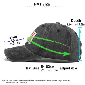 Size chart for washed grey ponytail baseball cap with adjustable strap and measurements