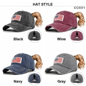 Distressed ponytail baseball cap with US flag embroidery in four washed canvas colors