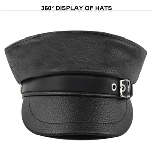 Close-up of black PU leather baker boy hat showing grainy texture and silver metal buckle